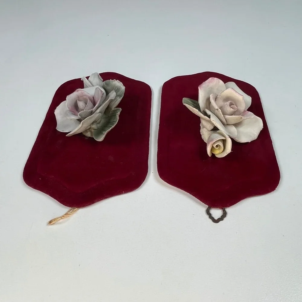 Vintage Ceramic Rose Wall Plaques Burgundy Velvet Italy Floral Pair 7 in x 4 in